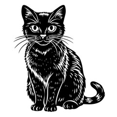Adorable black cat sitting attentively with expressive eyes, detailed linework illustration perfect for design projects and pet-related content