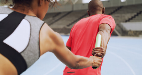 Team, hand and running with baton for relay, sports and fitness challenge outdoor. Sprint, competition or people pass stick at stadium for training, workout or cardio exercise for athletics from back