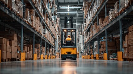 Forklift carrying boxes in distribution center while worker verifies data with handheld barcode scanner, digital logistics and real-time tracking