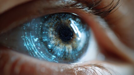 Futuristic eye projection with AR interface simulation, neural network overlays and light-based biometric display, ultra-detailed sci-fi vision