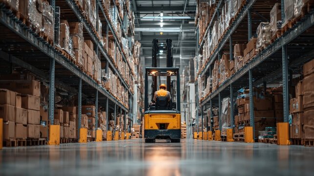Forklift carrying boxes in distribution center while worker verifies data with handheld barcode scanner, digital logistics and real-time tracking - Powered by Adobe