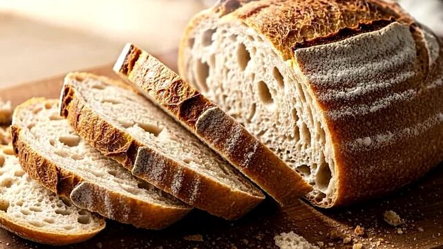 Closeup of sliced artisan bread loaf on a wooden surface showcasing texture and golden crust
