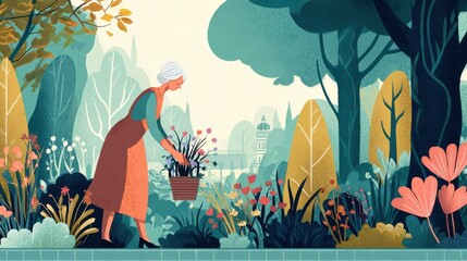 senior woman gathering flowers in garden no logos no brands ar 169