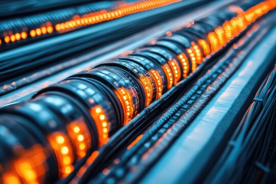 Close-up of futuristic, cylindrical mechanisms with glowing orange LED indicators, arranged in parallel rows on a dark metallic surface, suggesting a high-tech system or data processing unit