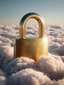 cloud security golden padlock on cloud representing secure data storage and protection in a data center illustrates cybersecurity and data safety