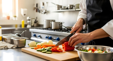 A focused view of a chef meticulously dicing fresh produce on a wooden cutting board in a well-lit professional kitchen environment showcasing culinary expertise and food preparation skills