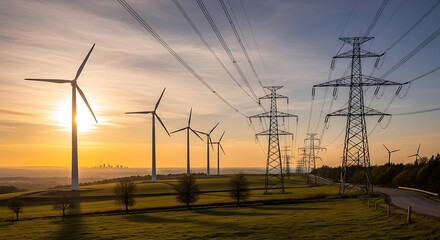 Sustainable energy transition with wind turbines and transmission towers at sunset backdrop