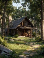 rustic cabin in the woods nestled amidst a verdant forest a charming log cabin stands in a scene of serene nature evoking a sense of warmth and tranquility