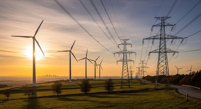 Sustainable energy transition with wind turbines and transmission towers at sunset backdrop