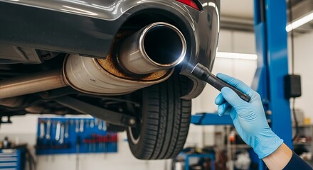 Vehicle inspection: A gloved mechanic checks the car exhaust system with a flashlight