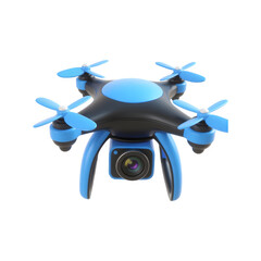 3d Modern Quadcopter Drone with Blue Accents and Integrated Camera Floating on a Transparent Background
