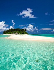 Fototapeta premium Idyllic tropical island with pristine white sand beach and crystal-clear turquoise water under a vibrant blue sky