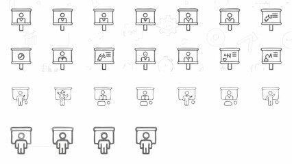 Vector illustration of presentation boards with various figures and symbols displayed on them in a grid layout