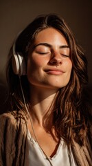 Vertical composition of calm woman smiling softly during meditation, wireless headphones over ears, serene home vibe