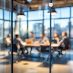 Fototapeta premium defocused abstract background featuring a modern meeting room with natural light and a professional team collaborating ideal for business and corporate visuals 
