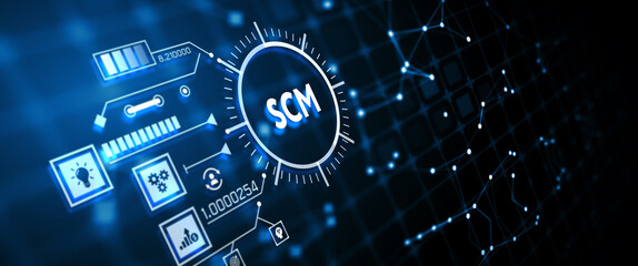 SCM - Supply Chain Management.  Supply Chain Management SCM. Aspects of Modern Company Logistics Processes. 3d illustration
