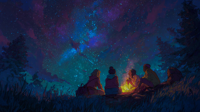 A group of friends having a heart-to-heart conversation around a campfire under the stars