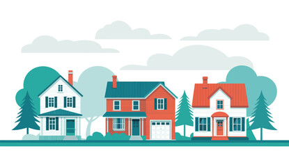 row of suburban houses with trees and cloudy sky, peaceful residential neighborhood, real estate concept, flat vector illustration