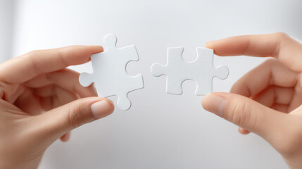 view of two hands holding connecting puzzle pieces white background