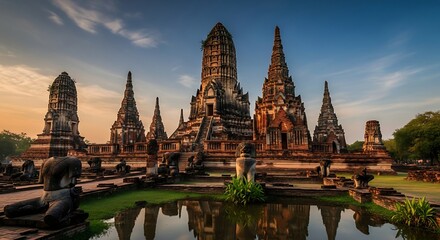 Obraz premium Majestic Ayutthaya Historical Park at Sunrise: An Ancient Kingdom Temple Complex