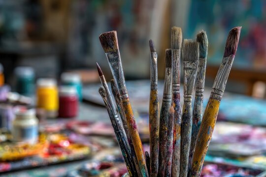 Paintbrushes clustered together, tipped with dried paint.  Blurred art supplies in background - Powered by Adobe