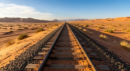 Railroad tracks vanishing into the horizon under a clear blue desert sky creating a sense of