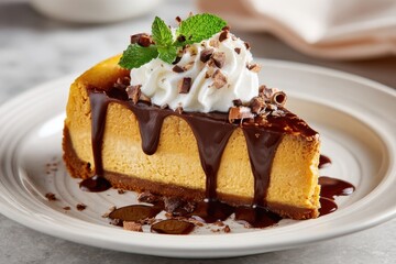 Chocolate Cheesecake Slice with Ganache, Whipped Cream and Mint Garnish