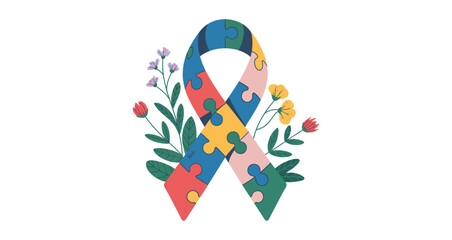 autism awareness ribbon with colorful puzzle pattern and flowers, symbol of support, neurodiversity, inclusion, flat vector illustration