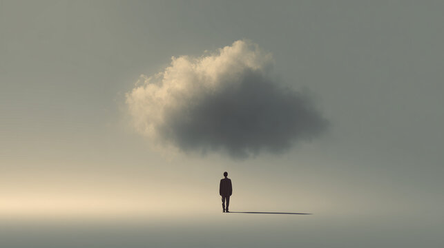 Lonely Man Standing Under Dark Cloud in Minimal Surreal Landscape