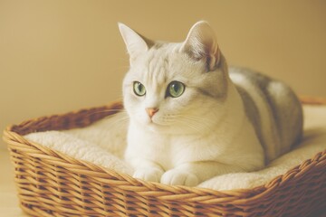 Relaxing Silver Tabby Cat with Green Eyes Resting on a Soft Cushion in a Cozy Wooden Basket