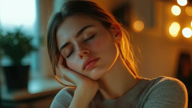 Girl with closed eyes, deep peaceful sleep in indoor lighted environment.