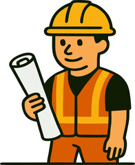 a construction worker in a hard hat holding a rolled blueprint