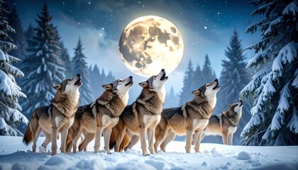 Naklejka premium wolf in night with moon 