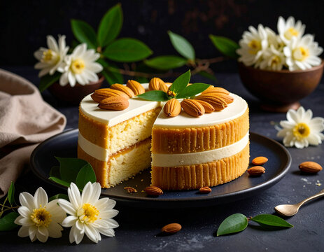 Gourmet AI Generated Almond Layer Cake with White Frosting and Flowers on a Dark Plate