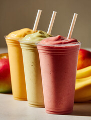 Three smoothies in takeaway cups with fresg fruit 