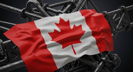 Canadian Energy Infrastructure - A Canadian flag draped over intricate industrial piping, symbolizing the nation's energy sector