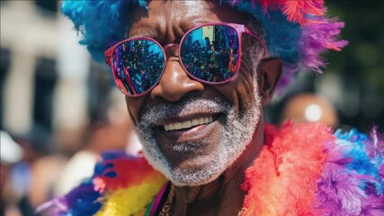 Old man in colorful outfit, glasses and sunglasses at a gay pride event, expressing joy and inclusiveness.