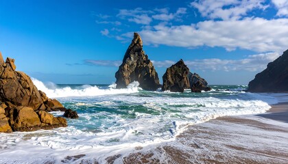Coastal rocks, crashing waves, sandy beach