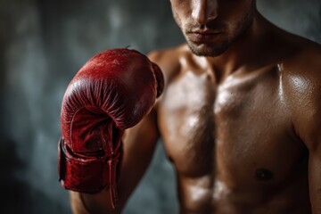 Close up of boxer gripping a red boxing glove, showcasing determination and strength during training in a dimly lit gym environment