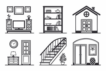 Set of interior design elements isolated on white background