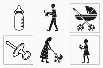 Baby and parenting icons set isolated on white background in a square shape
