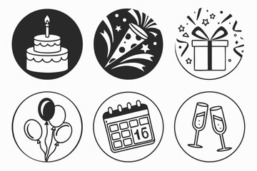 Birthday and party icons set isolated on white background in a circle shape