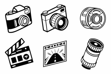 Collection of photography equipment isolated on white background in black and white