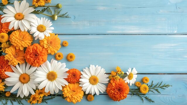 Vibrant daisy and chrysanthemum flowers arranged on rustic blue wooden background