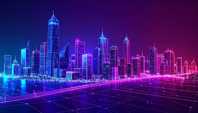 Futuristic cityscape at night, rendered in vibrant pink and blue neon wireframe style