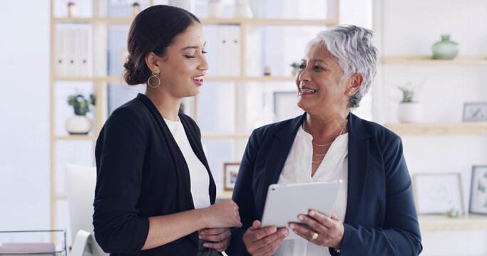 Financial advisor, consulting and tablet with old woman in office for retirement fund, pension plan and advice. Social security bank, digital signature and asset management with people in notary firm