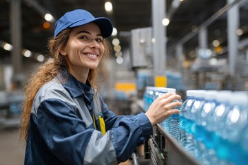 Woman worker checks bottled products on a conveyor belt in a busy manufacturing facility, ensuring quality control during production hours