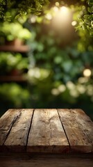 wooden table and green leaves