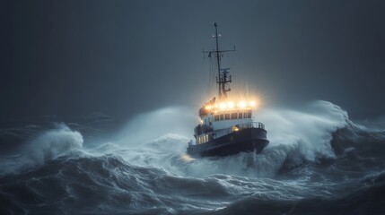 Obraz premium A brave tugboat navigates through stormy seas under dark skies. The powerful waves crash around, showcasing the strength and resilience of maritime vessels. Generative AI