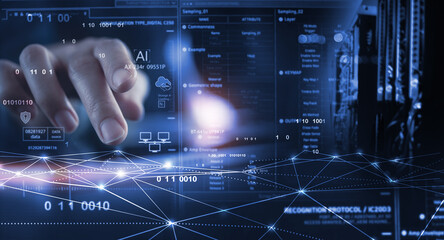 Data science and engineering, digital technology, futuristic tech background. Software engineer working with database and big data analytics, cloud computing with AI and data exchange